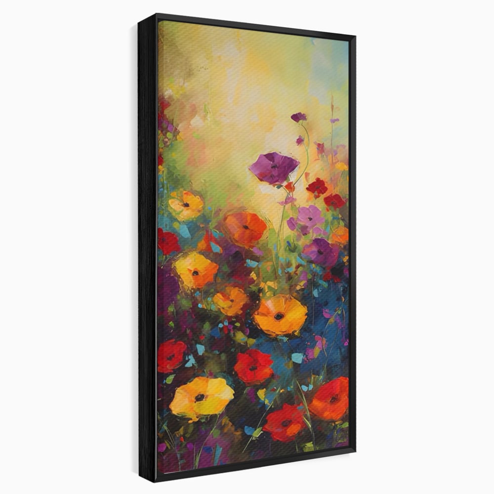 Tablou canvas cu pictura camp cu flori colorate, in rama de aluminiu negru